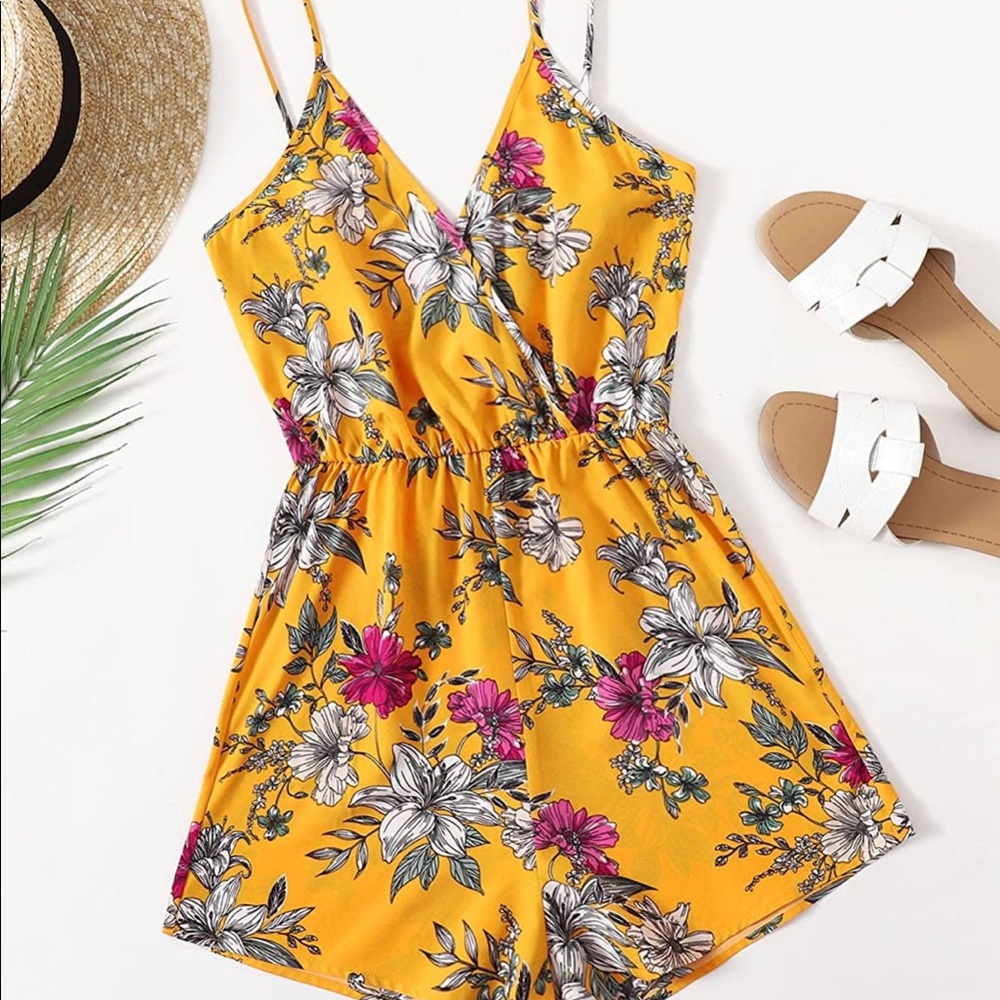 Floerns Women's Floral Print Sleeveless Wrap V Neck Slip Short Rompers Jumpsuit
